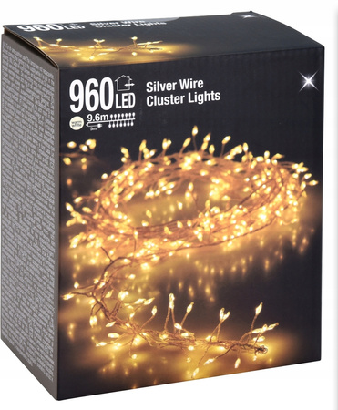 LAMPKI choinkowe 960 LED 9,6 metra światło ciepłe RYŻ cluster IP44