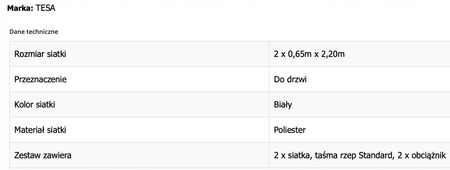 Moskitiera drzwiowa TESA Standard 1,2 x 2,2m biała