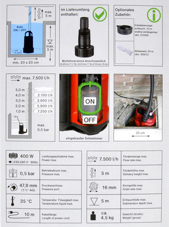 Pompa do wody ze zintegrowanym pływakiem 7500l/h I-COMPAC