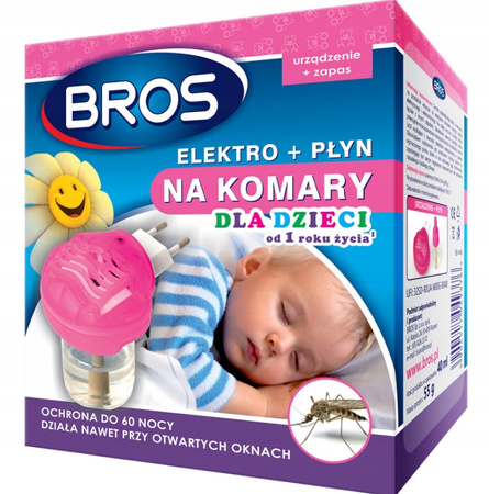 ELEKTRO FUMIGATOR Urządzenie Płyn na komary 40ml BROS DLA DZIECI na 60 nocy