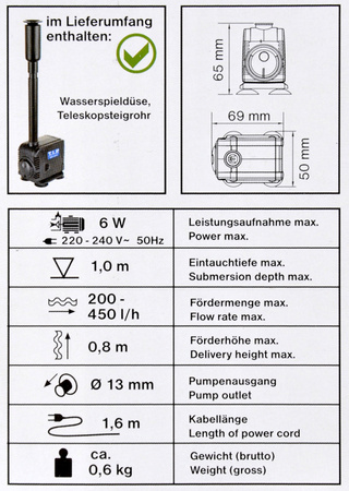 Pompa fontannowa TIP 6W 450l/h - Ożyw swoją fontannę lub oczko wodne!