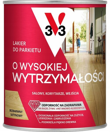 Lakier do parkietu Wysoka Wytrzymałość V33 bezbarwny satyna V33 0,75L